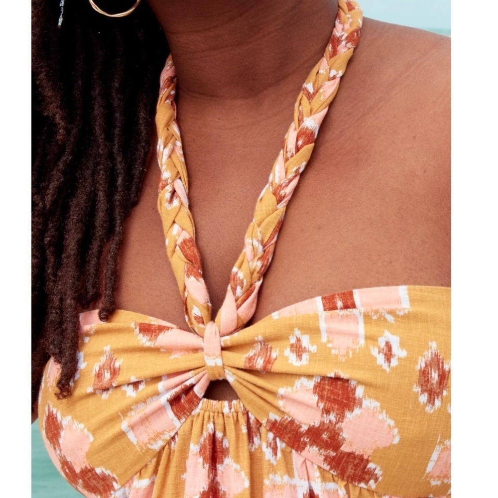 Aerie High Low Halter Linen Blend Maxi Sun Dress NWOT L Yellow Floral Braided - Picture 4 of 9